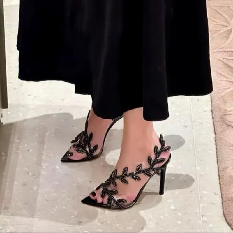 Fashion New Summer Women High-heeled Sandals Temperament Fashion High Heels Shoes for Women Pointed Rhinestone Leaf Stiletto Sandals