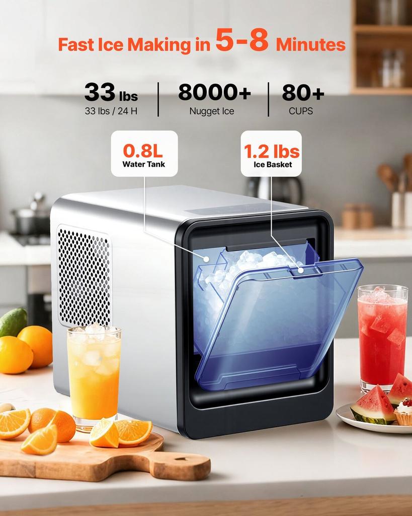 Countertop Ice Maker, 15 Kg Per Day, Self-Cleaning Portable Machine with Scoop, Drawer-Style Ice Access, Nugget Ice-Making Machine with Chewable Ices