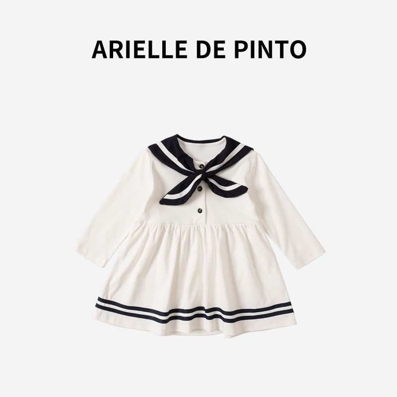 French Arielle De Pinto Girls  Dress Spring Navy Collar Sweet Preppy Style Princess Dress Navy Collar Dress 80
