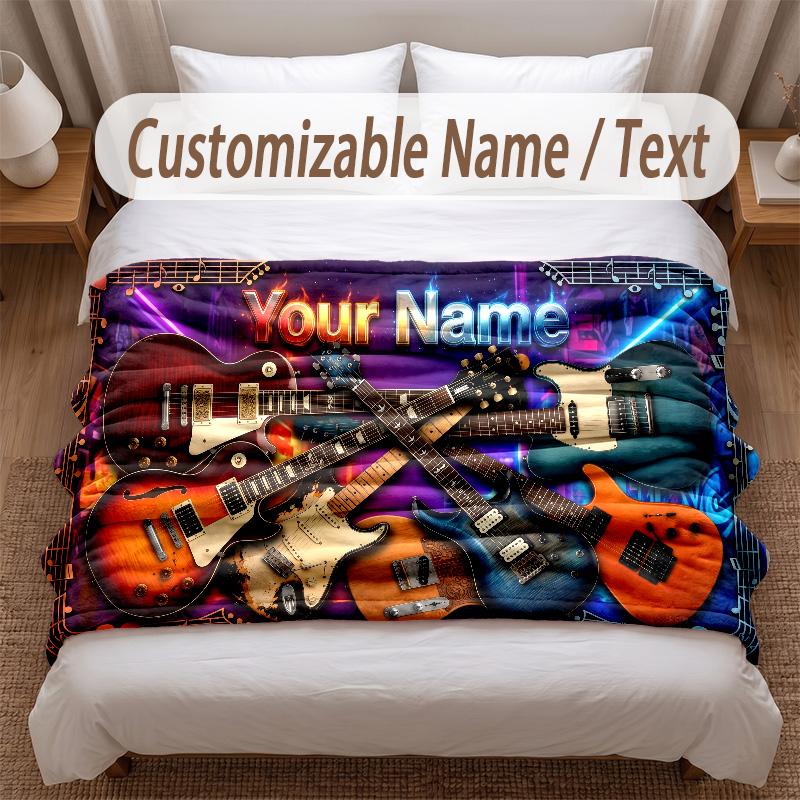 Music Guitar Theme Soft Blanket Personalized Custom Name Text Print Warm Blanket Home Sofa Bedroom Decor