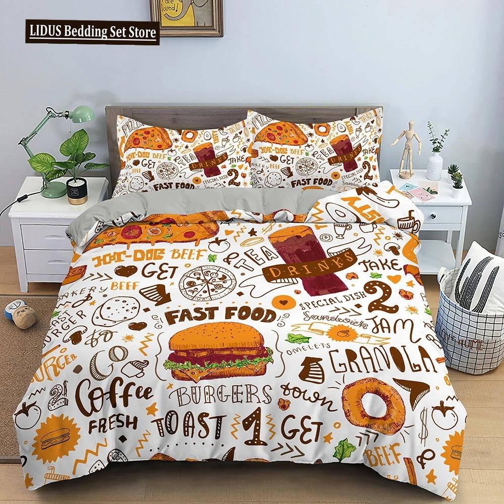 Snack Duvet Cover Set Coffee Bread Donut Pattern Pink Polyester Comforter Cover For Kids Adult Teen Bedding Set Queen King Size