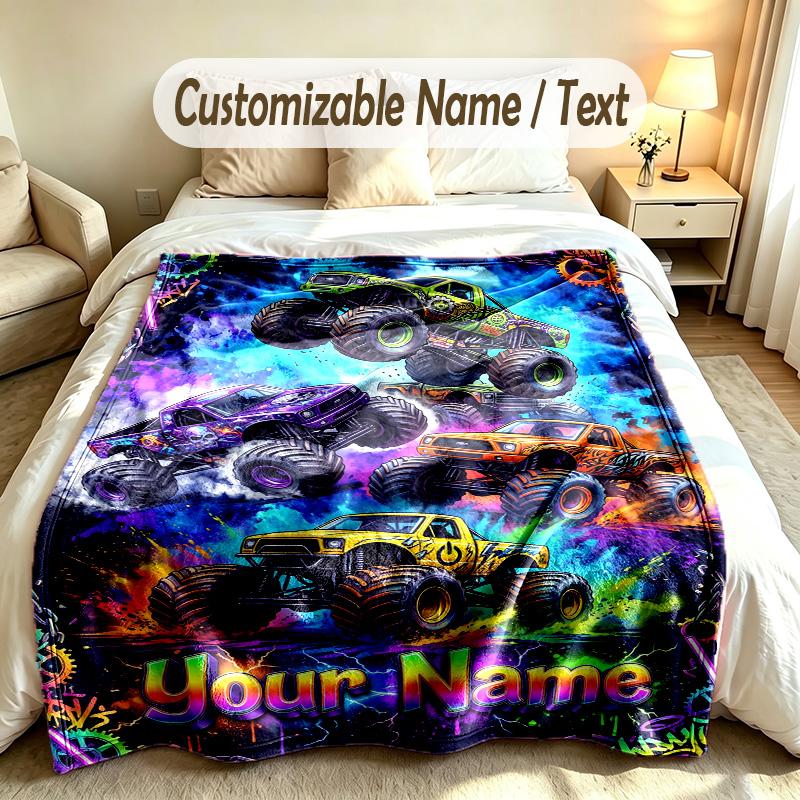 Monster Truck Theme Custom Blanket Personalized Name & Text Customized Soft Warm Throw Blanket Home Decor