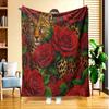 Vintage Cheetah With Big Red Rose Pattern Soft Flannel Blanket Lightweight Air Conditioning Cover Blanket For Couch Travel