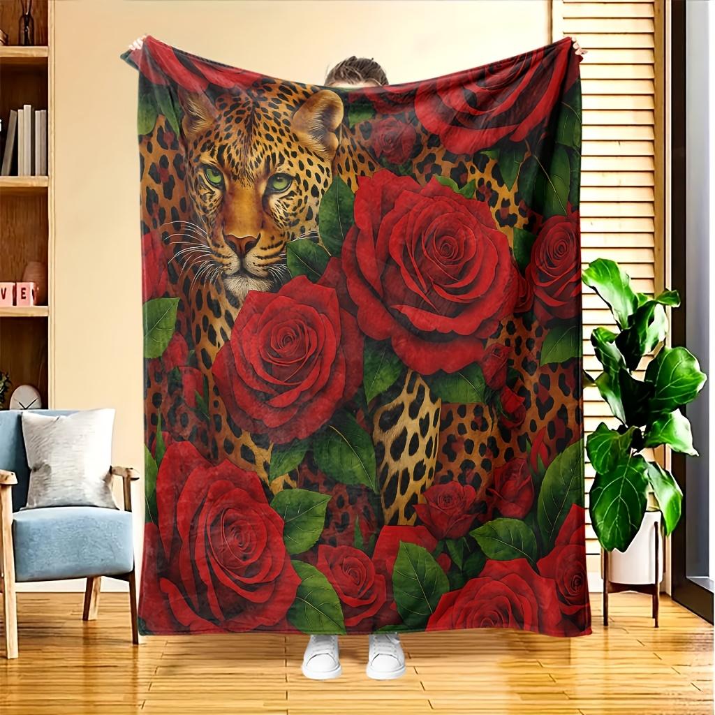 Vintage Cheetah With Big Red Rose Pattern Soft Flannel Blanket Lightweight Air Conditioning Cover Blanket For Couch Travel