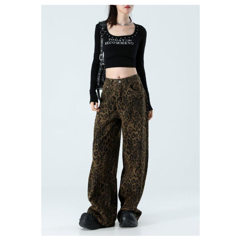 Womens High Waist Leopard Print Wide Leg Jeans Y2K Baggy Denim Trousers Streetwear