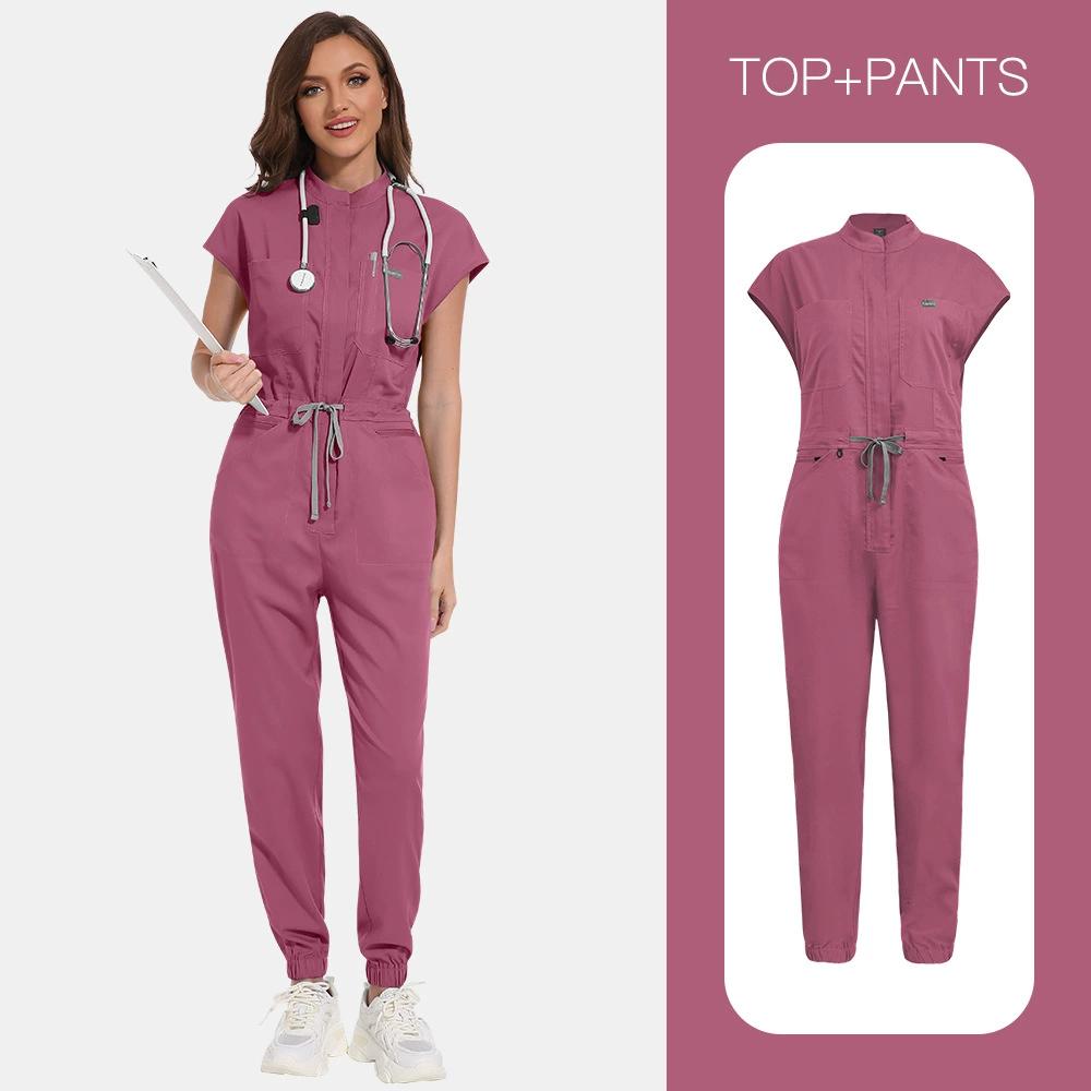 Niaahinn Scrubs Clinical Uniform Woman Fashion Jumpsuit Elastic Breathable Work Wear Color Blocking Drawstring Straight Jumpsuit