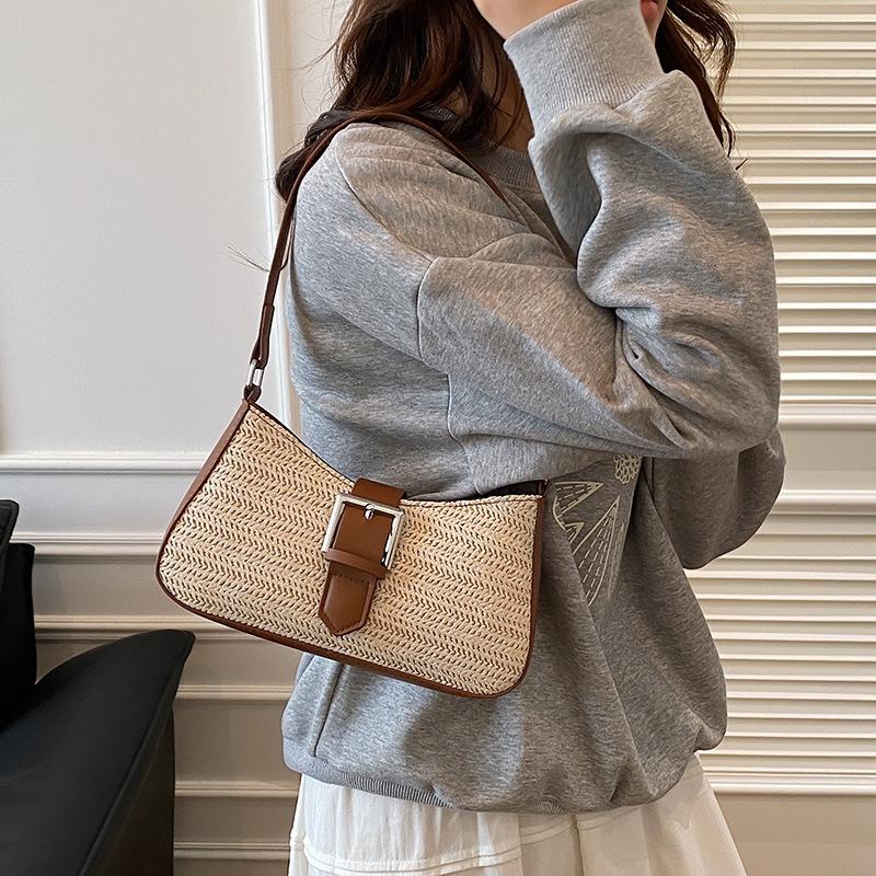 Woven Colored Stripes Splicing Women's Fashion New Contrasting Colors Trend Casual Simple Mori Underarm Shoulder Women's Bag