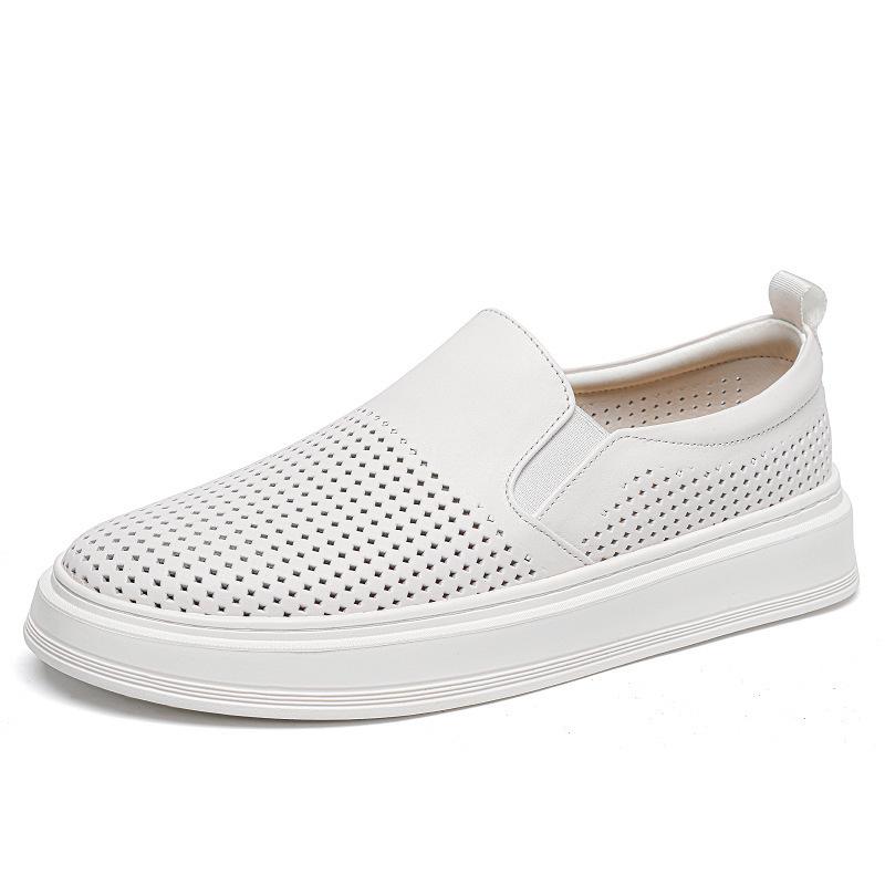 Men's Large Size Genuine Leather Slip-on Loafers - Breathable and Versatile White Shoes in Size 45-47