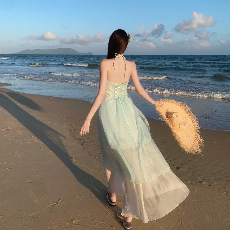 Summer Sense Seaside Photo Vacation Dress Mint Mambo Dopamine Wear Fairy Suspender Long Dress Girl