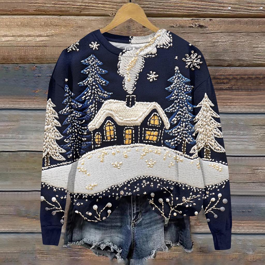 Ladies' Christmas Printed Casual Long Sleeved Round Neck Sports Hoodie Top