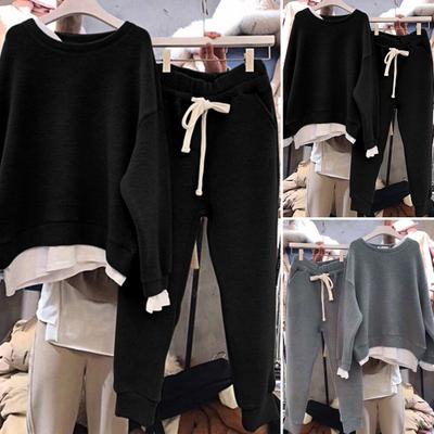 2 Pcs/Set Women Sweatshirt Pants Set Fake Two-piece Loose Elastic Waist Crew Neck Solid Color Warm Drawstring
