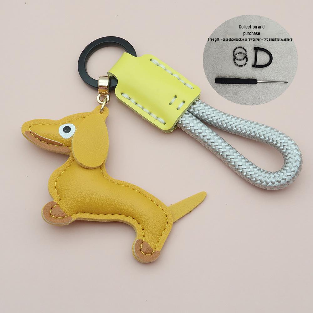 Mini Dachshund Cowhide Keychain: High-Quality Anti-Lost Lanyard with Cute Doll Pendant