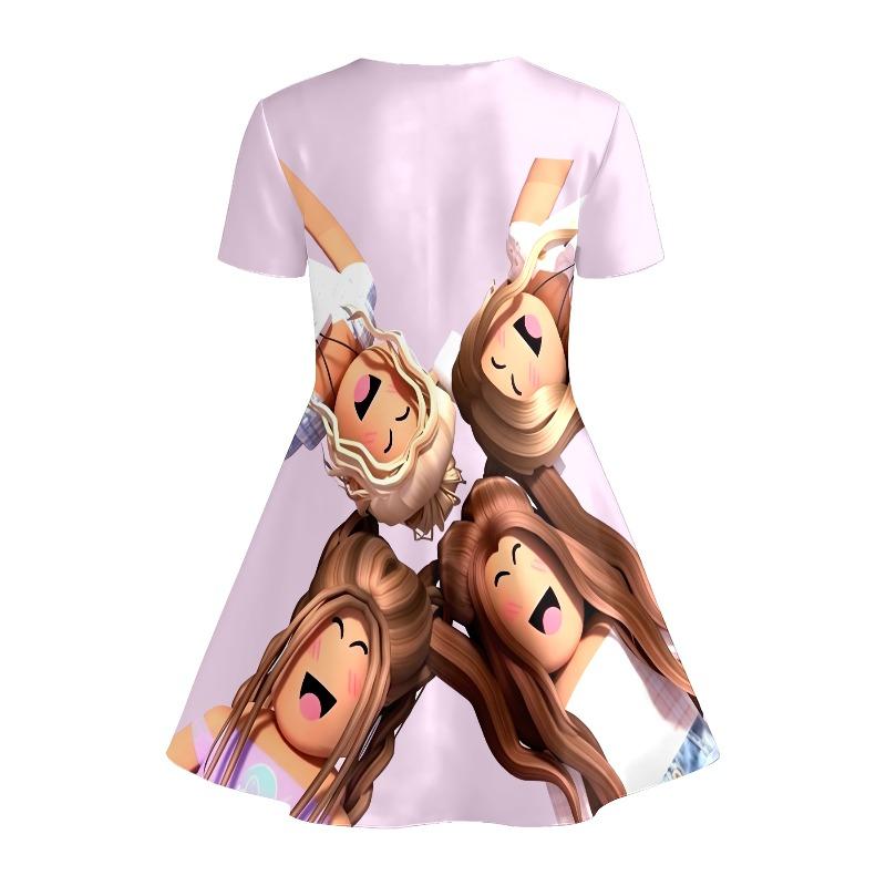 Little Girls 3 Styles Cute Anime Game Capybara Cartoon Print Round Neck Short Sleeve A-Line Kids Summer Flared Swing Dress