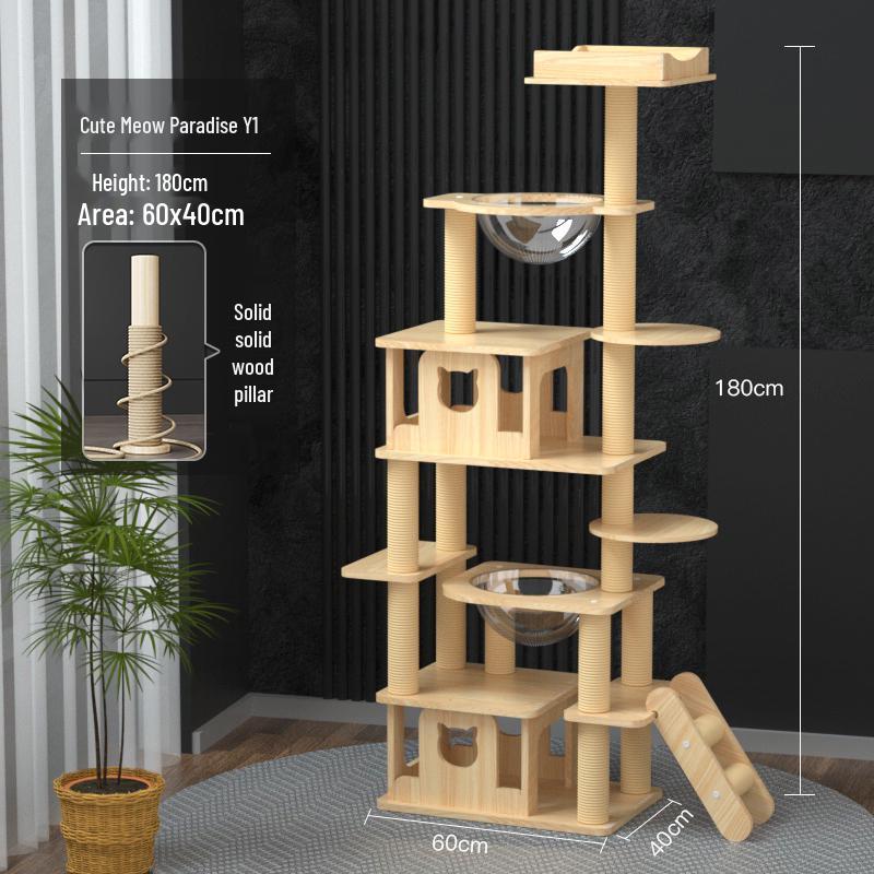 Compact Solid Wood Cat Tree with Climbing Frame & Space Capsule Bed for Large & Small Homes