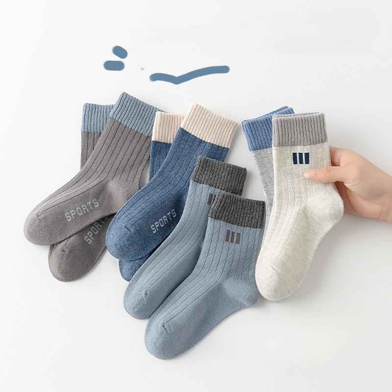 5Pairs/Set Cute Baby Boy Socks Autumn Winter Cotton Kids Mid Tube Sock Vintage Navy Blue Striped Children Athletic Socks