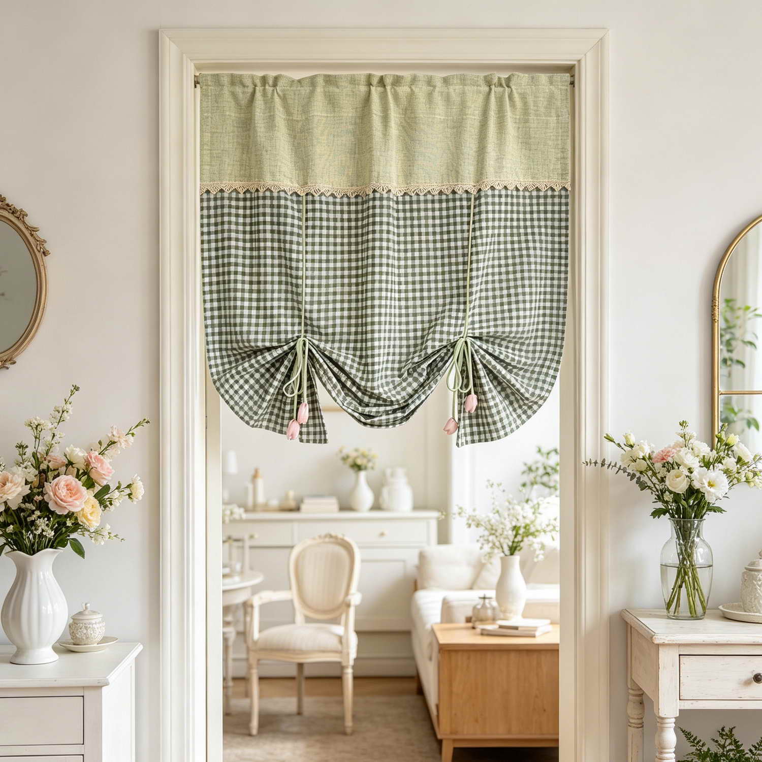 1 ST Pastorale Groene Geruite Steken Gordijn voor Woonkamer, Keuken, Kast, Deur, Studeerkamer Verstelbare Gordijn Home Decoratie W100CM X H100CM&Special Rod Pocket&1 panel