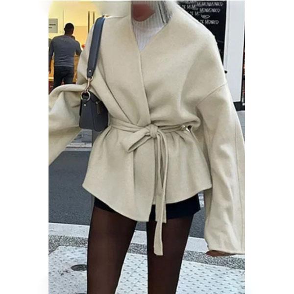Fashion Solid Color Lace Up Women's Fur Jacket Belt Elegant V-neck Long Sleeved Jacket Autumn and Winter Women's Street Jacket