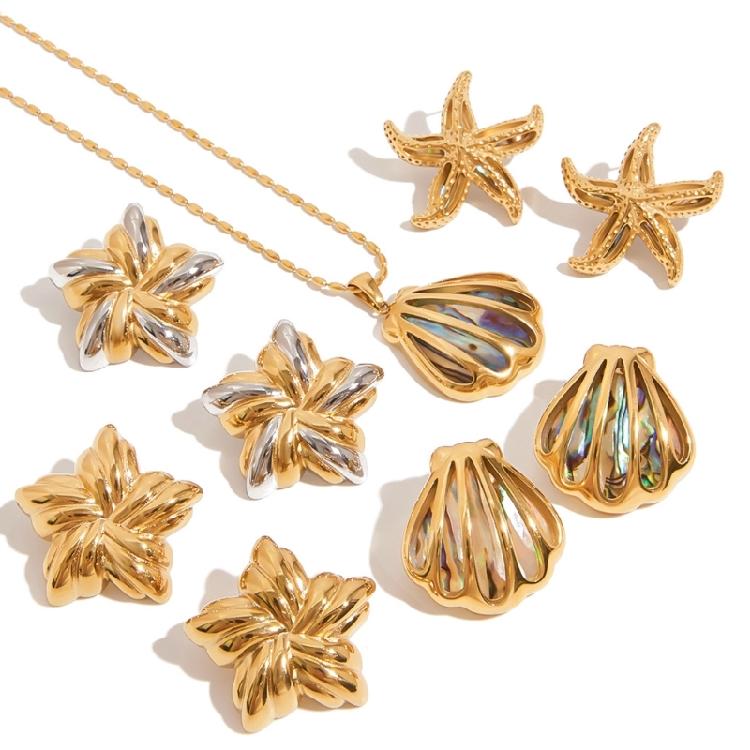 Biżuteria inspirowana motywami morskimi Naszyjnik z muszli abalone Kolczyki sztyfty ze zdobieniami w kształcie rozgwiazd Stal nierdzewna Łańcuszek