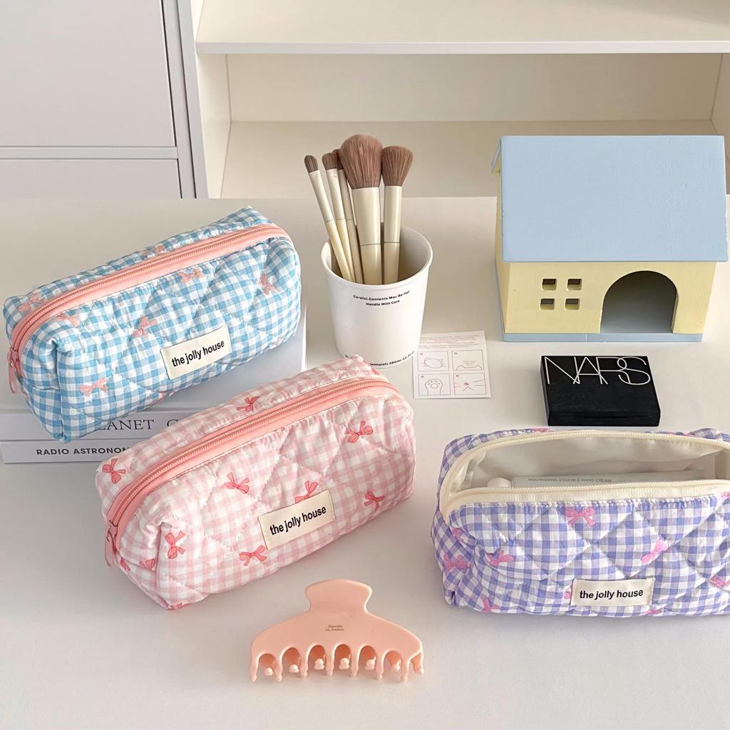 2024 Large Capacity Plaid Bow Pencil Case & Makeup Bag for Girls