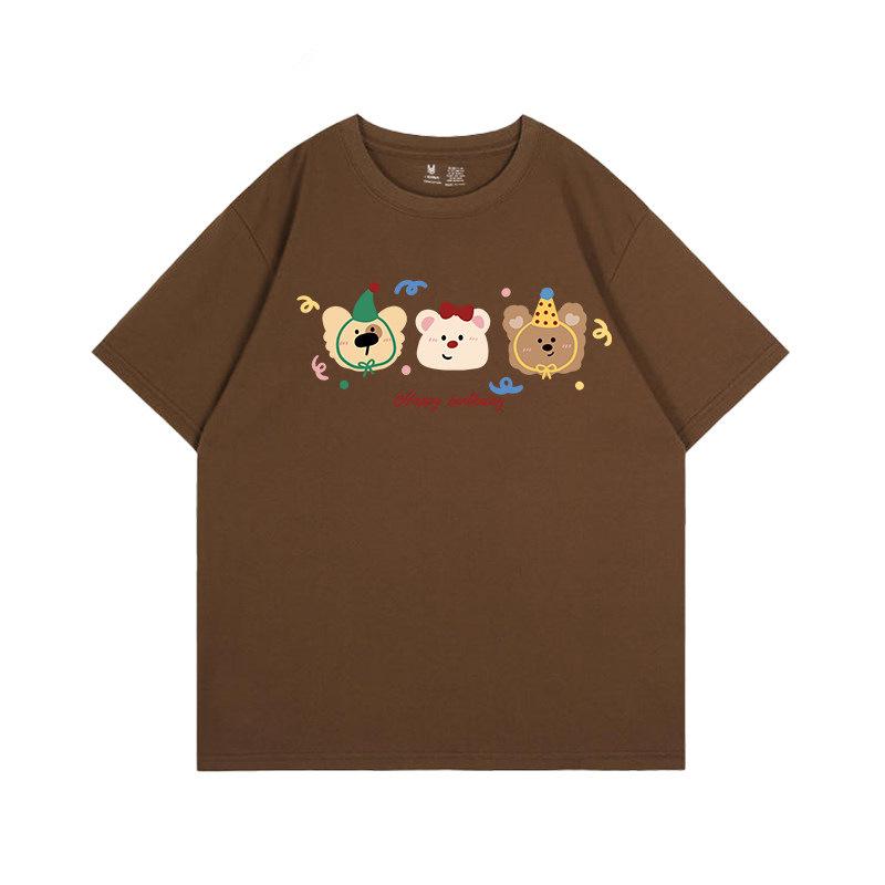 New Korean age-reducing bear print black short-sleeved t-shirt women's loose fat mm large size cotton top summer