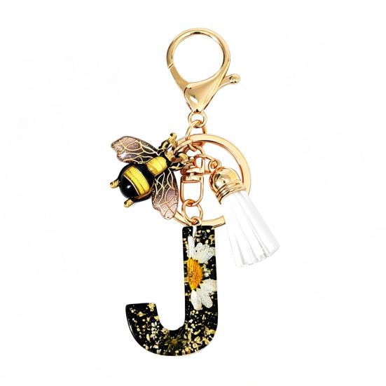 Dried Flower Letter Charm Bee Keychain Pendant Resin Black 1 Pc