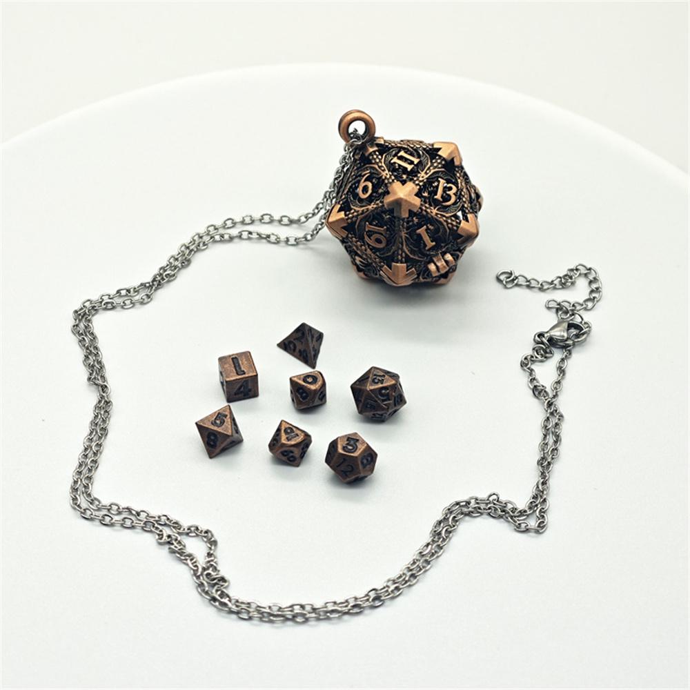 Mini 6MM Metal Flying Dragon Skeleton Dice Necklace D20 Metal Hollow Box+7pcs Metal Dice Pendant Set Portable Board Game Dice
