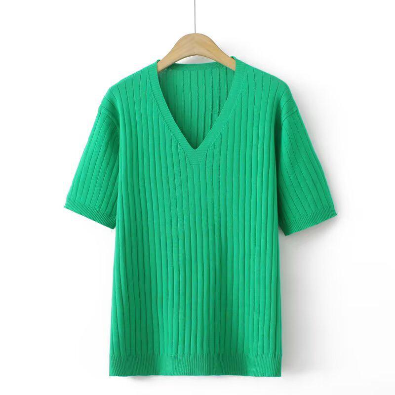 

Plus Size Ribbed Ice Silk V-Neck T-Shirt - Short Sleeve Stretchy Knitwear for Women (2025) 3XL изумрудный