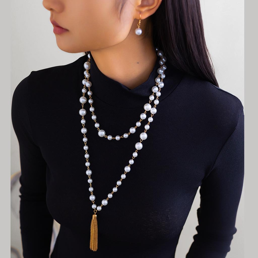 Fashion Knotted Long Imitation Pearl Necklace Women'S Cold Wind Crystal Beaded Fringed Sweater Chain