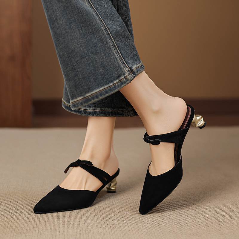 Krazing Pot Suede Butterfly-knot Mules Strange Style Med Heels Summer Size 42 Pointed Toe Slip on Women Shallow Pumps