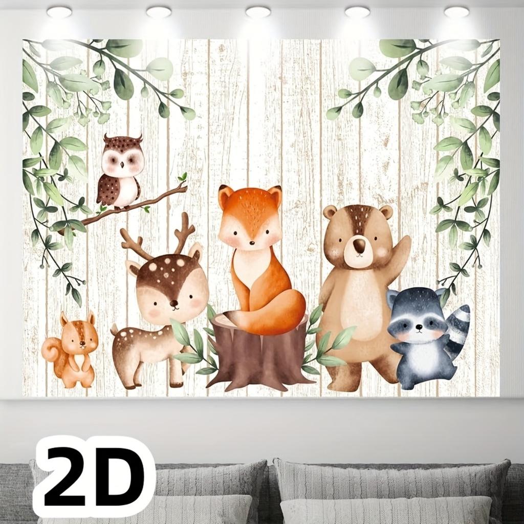 One forest-themed baby baptism backdrop - featuring foxes, bears, deer and monkeys, with green leaves and vines design