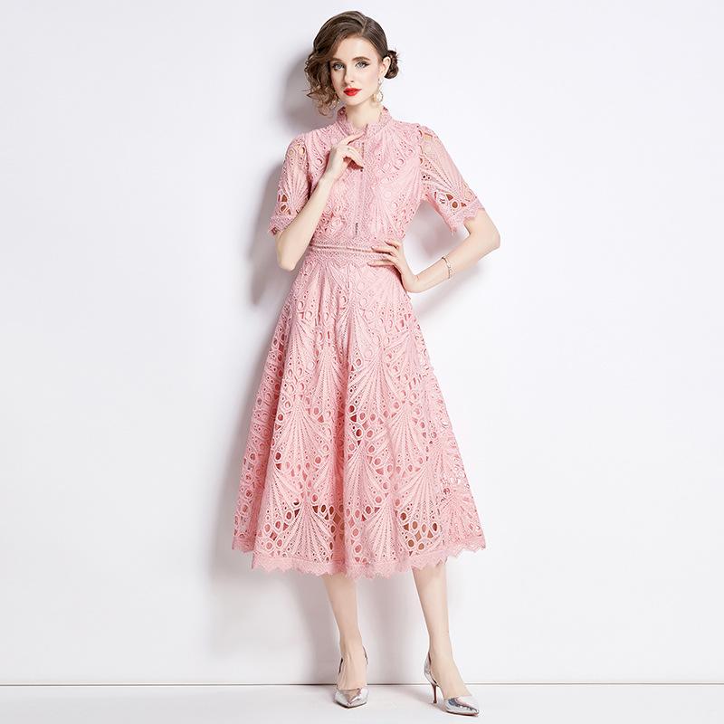 Abito estivo in pizzo traforato da donna, design ricamato da passerella, elegante vintage, manica corta