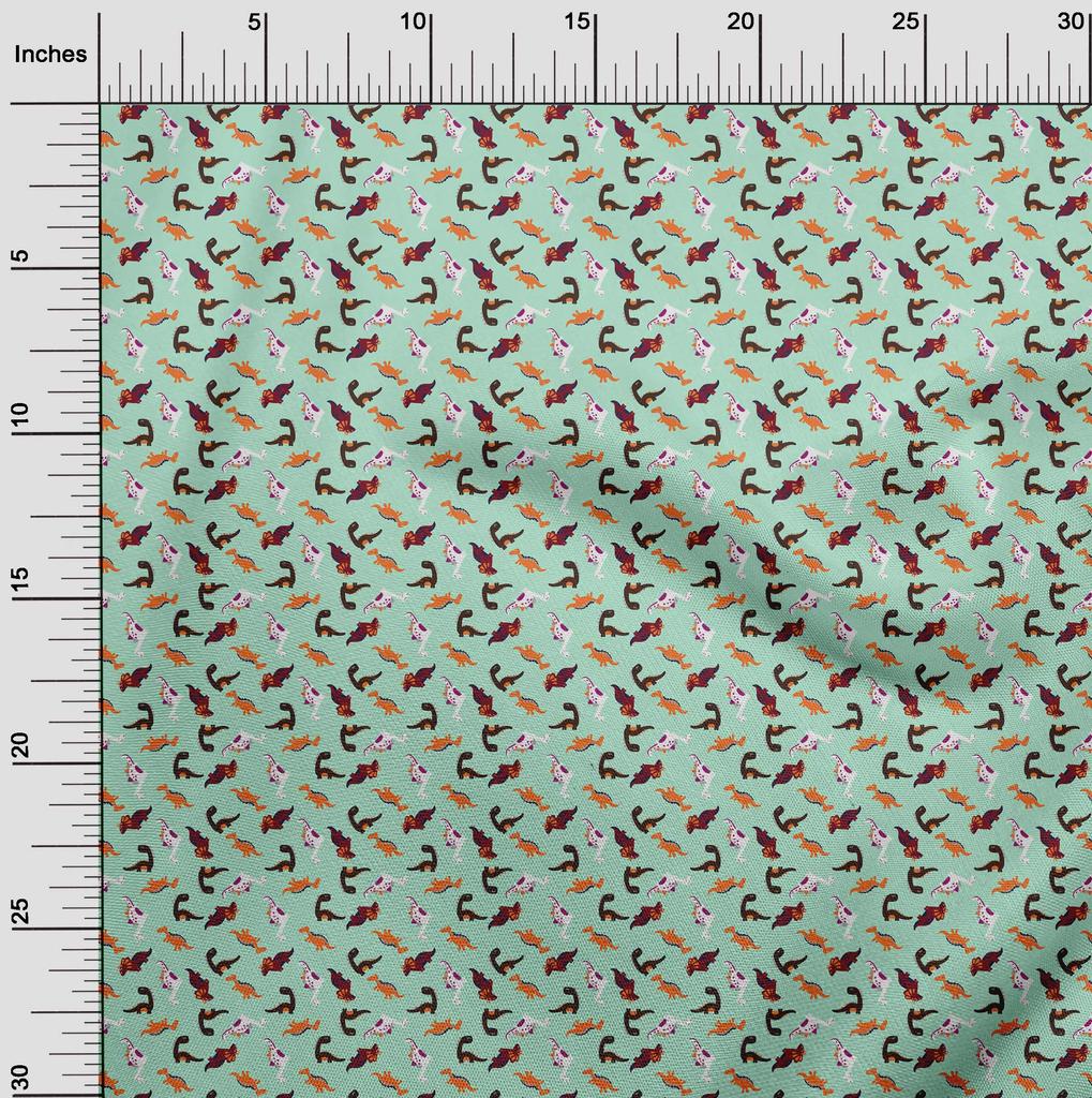 oneOone Baumwoll-Flex Hellmintgrün Stoff Bunter Dinosaurier Cartoon Kleidmaterial Stoffdruckstoff Meterware 40 Zoll
