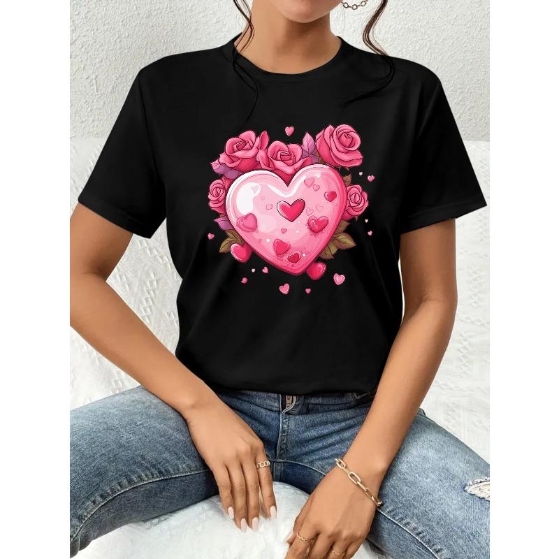 

European Size Valentine s Day Women s Casual Round Neck Short Sleeve T-Shirt with Pink Heart Print - Perfect Choice for Spring and Summer 4XL