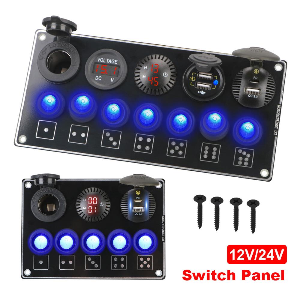 24V 12V Switch Panel For Boat Truck RV Rocker Toggle Car Lights 5/7 Buttons Cigar Lighter Adapter USB Chargers QC 3.0 PD Socket