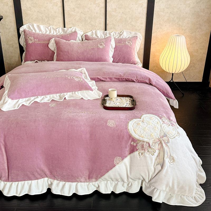 Thickened Milk Fleece Four-Piece Coral Fleece Double-Sided Fleece Bed Quilt Cover Flannel Bedding