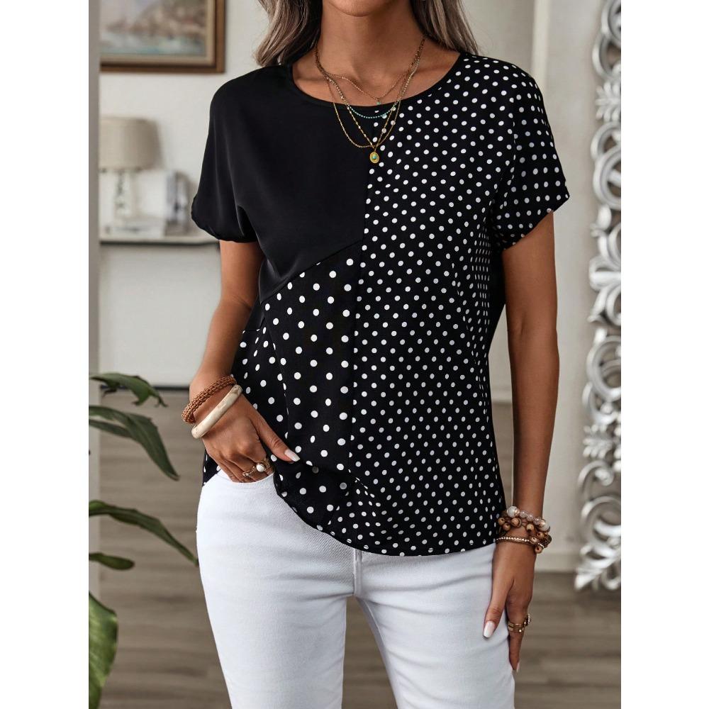 Women s Polka Dot Print Round Neck Loose Casual Shirt, Short Sleeve,Short Sleeve Tops S