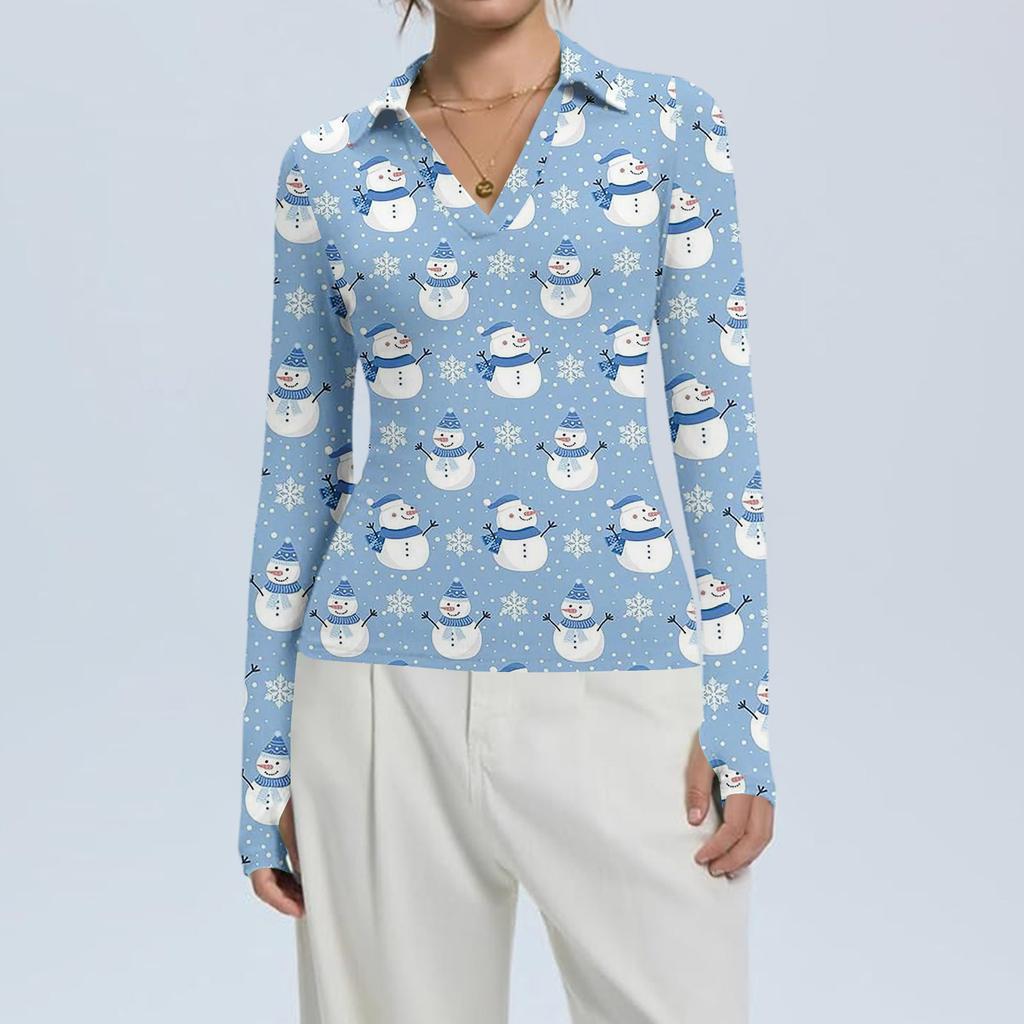 Damenmode Lässig Weihnachts-Print V-Ausschnitt Langarm Knopfleiste Oberteil