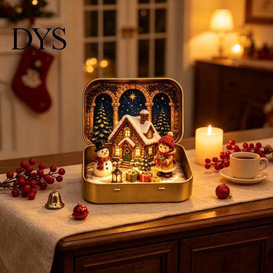 Miniature Holiday Scene Tiny Christmas Wonderland in a Tin, Mini Diorama Decor, Winter Home Accents with Santa, Tree, Gifts & Snowman, Table