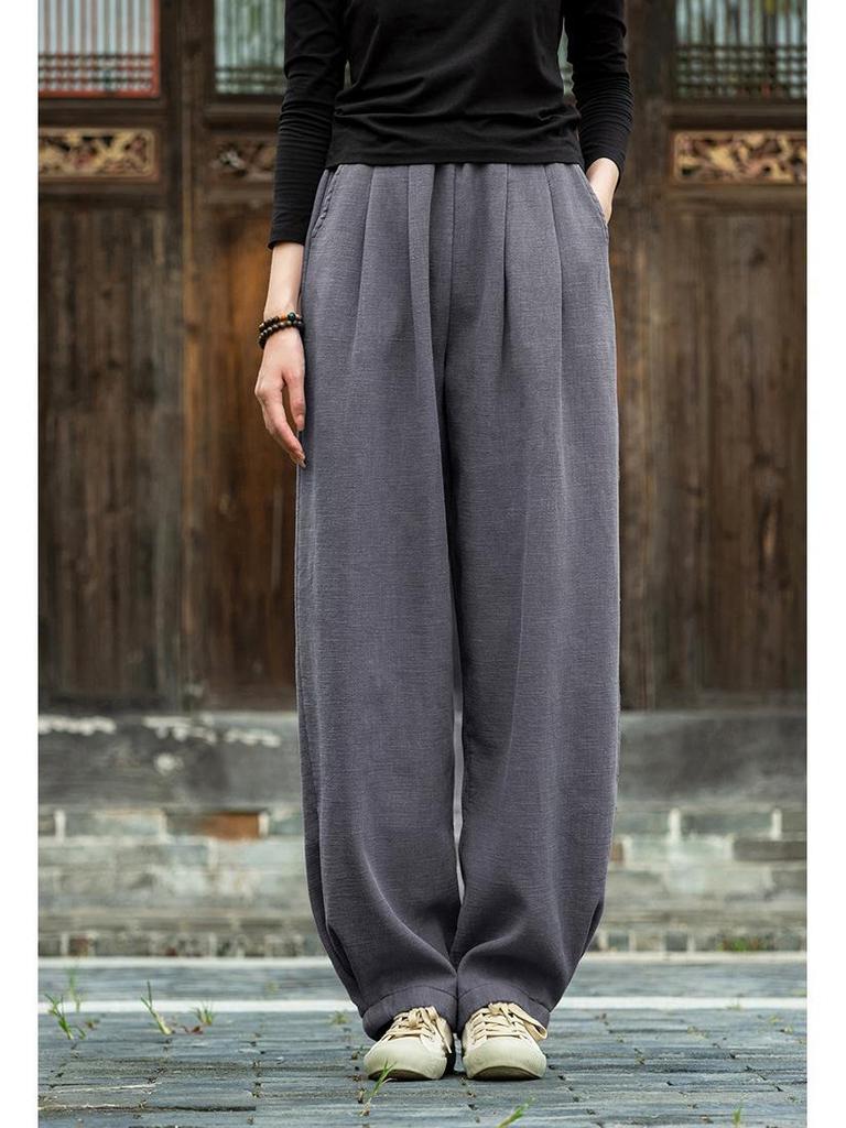 "Pantalones Farol de Algodón y Lino para Mujer": Otoño/Invierno, Lavado a la arena, Corte ajustado, Grueso con terciopelo."