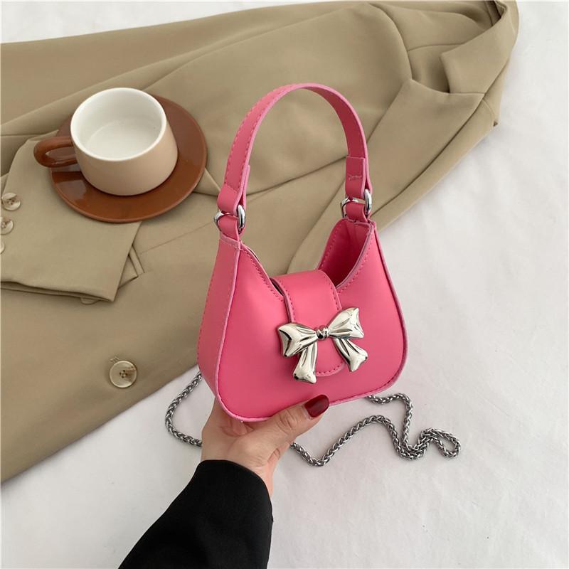 Black Pu Material Butterfly Knot Women's Bag 2024 Urban Simple Style Chain Shoulder Crossbody Handbag
