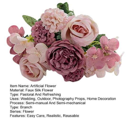 Artificial Rose Bouquet Realistic Fake Silk Flower with Green Leaves Home Wedding Party Table Centerpiece Indoor Outdoor Faux Bloom Decoration