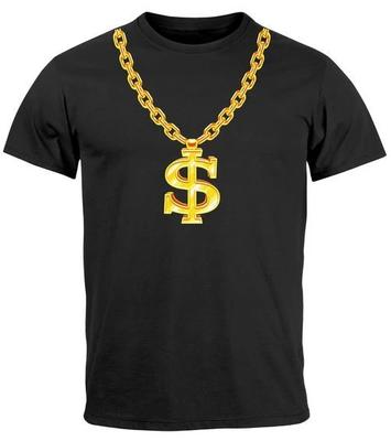 Mens 100% Cotton T-shirt Mens Tees Top Carnival Mardi Gras Dollar Chain Rapper Gangster Costume Fancy Dress-