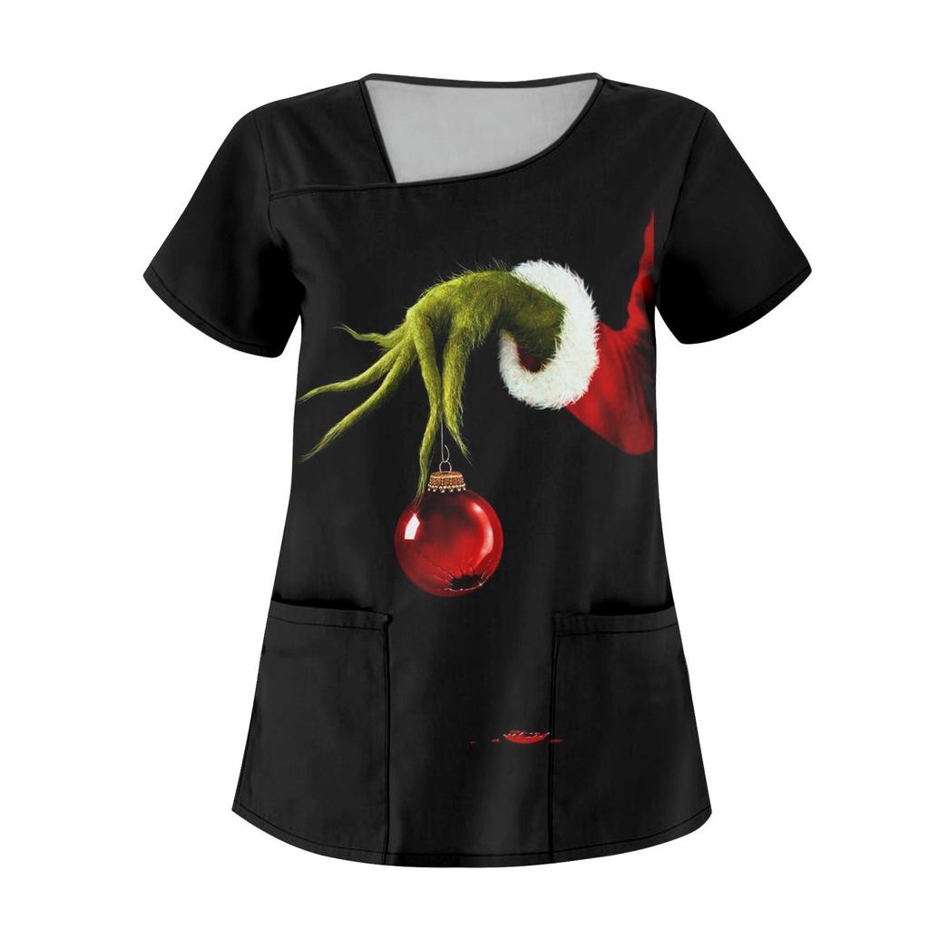 Dámské neformální vánoční kreslené pracovní oděvy s krátkým rukávem a dvojitými kapsami