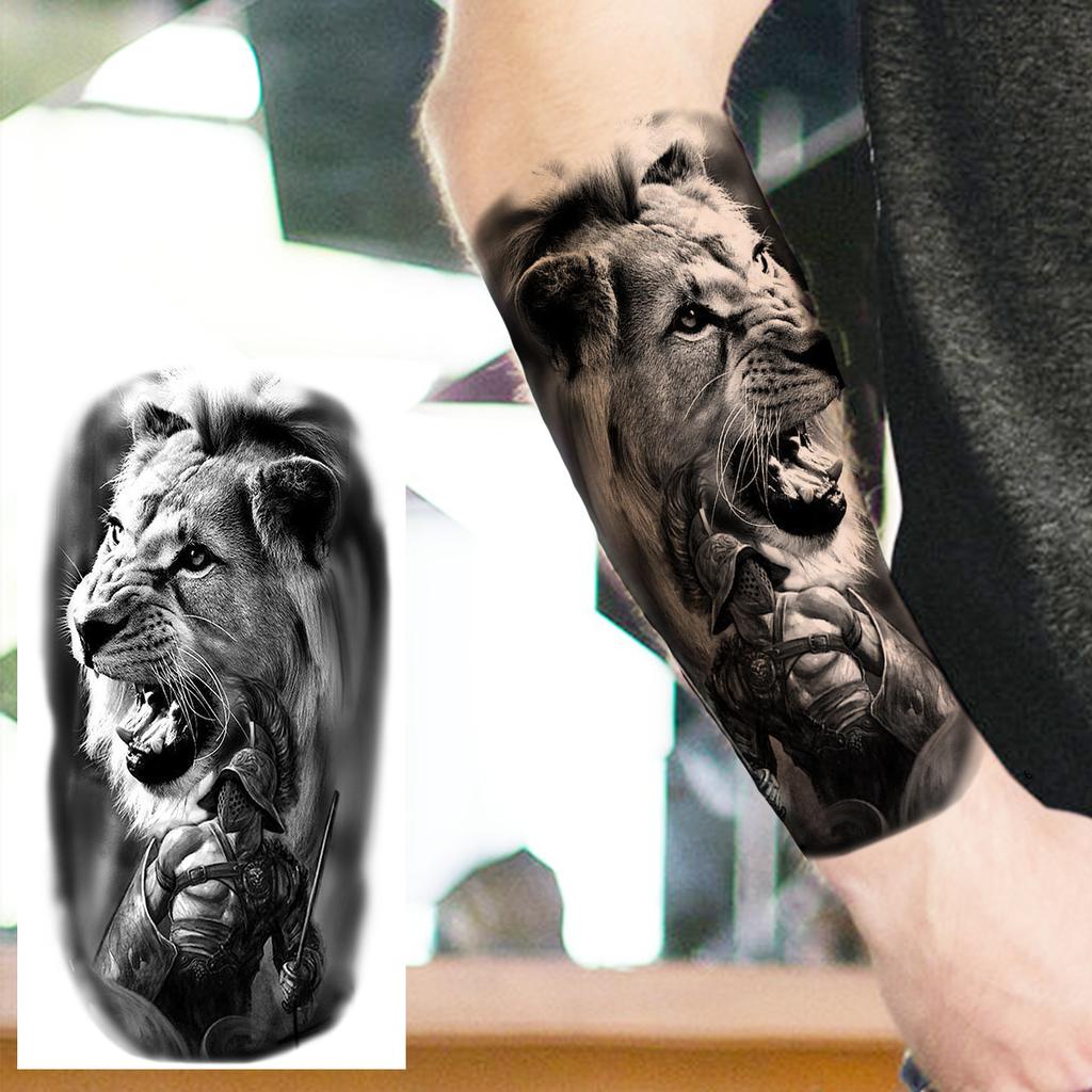 1 Sheet Lion Wolf Skeleton Nun Tiger Black Temporary Tattoos For Men Adult Leg Arm Compass Flower Fake Tattoo Sticker Waterproof
