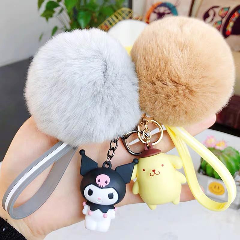 Sanrio Hello Kitty Kuromi Melody Cinnamoroll Adorable Keychains with Soft Rabbit Fur Ball Women Girl Bag Pendant Keyring Presents