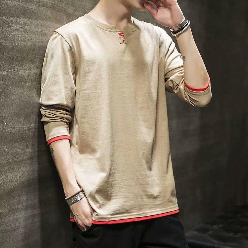 Autumn Men's New Spliced Pullover O-Neck Letter Fashion Solid Color Loose Versatile Minimalist Casual Long Sleeved Tops