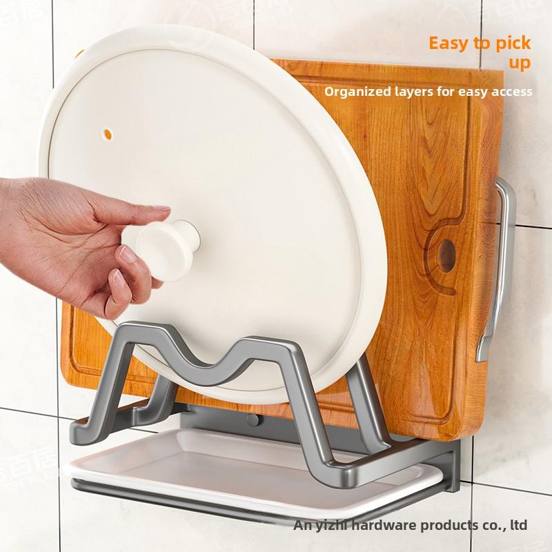 Kitchen Punching Free Pot Lid Rack Gun Ash Wall Mounted with Draining Tray Dish Cutting Board Household Kitchenware Storage Rack