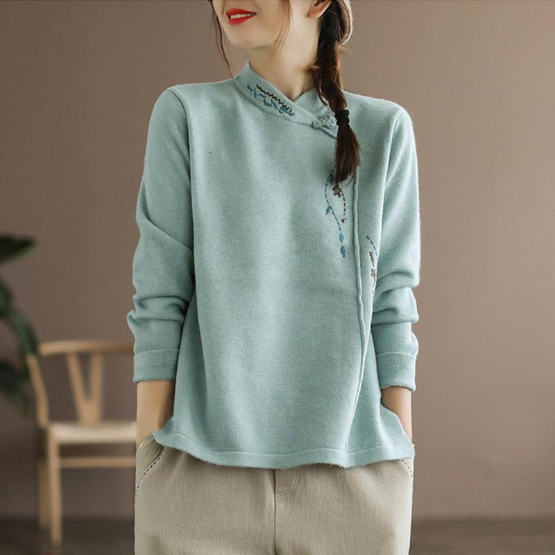 

Женская винтажная элегантная толстая футболка с вышивкой в ​​китайском этническом стиле, осень-зима, модный пуловер с воротником-стойкой и длинными рукавами, топы XXXL зелёный