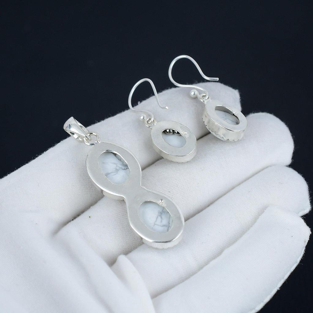 Sada přívěsku z přírodního howlitu, Ručně vyrobená sada náušnic a přívěsku z drahokamu howlitu ze sterlingového stříbra 925 pro ženy, Přívěsek pro párty, Dárek