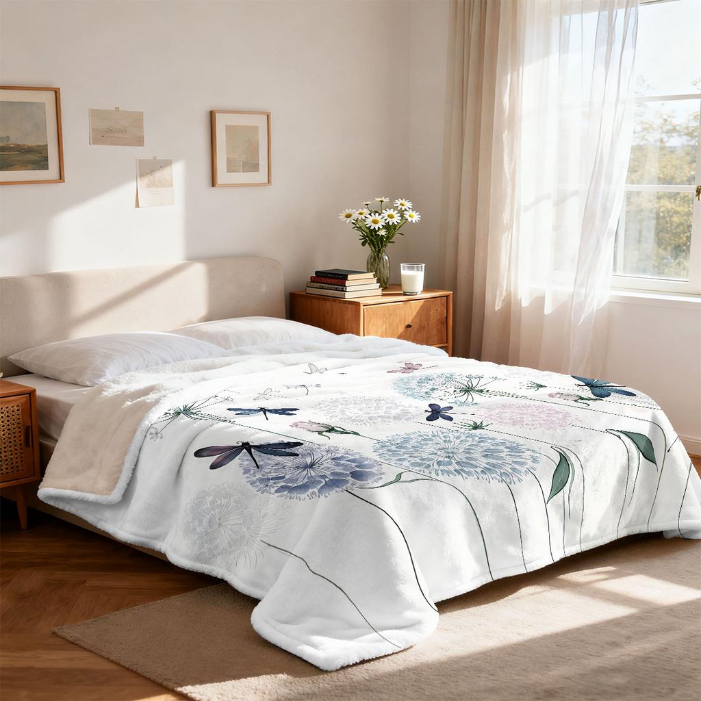 1Pc Dragonfly Dandelion Printed Flannel Blanket Multi Size Casual Comfortable Cover Carpet Machine Washable